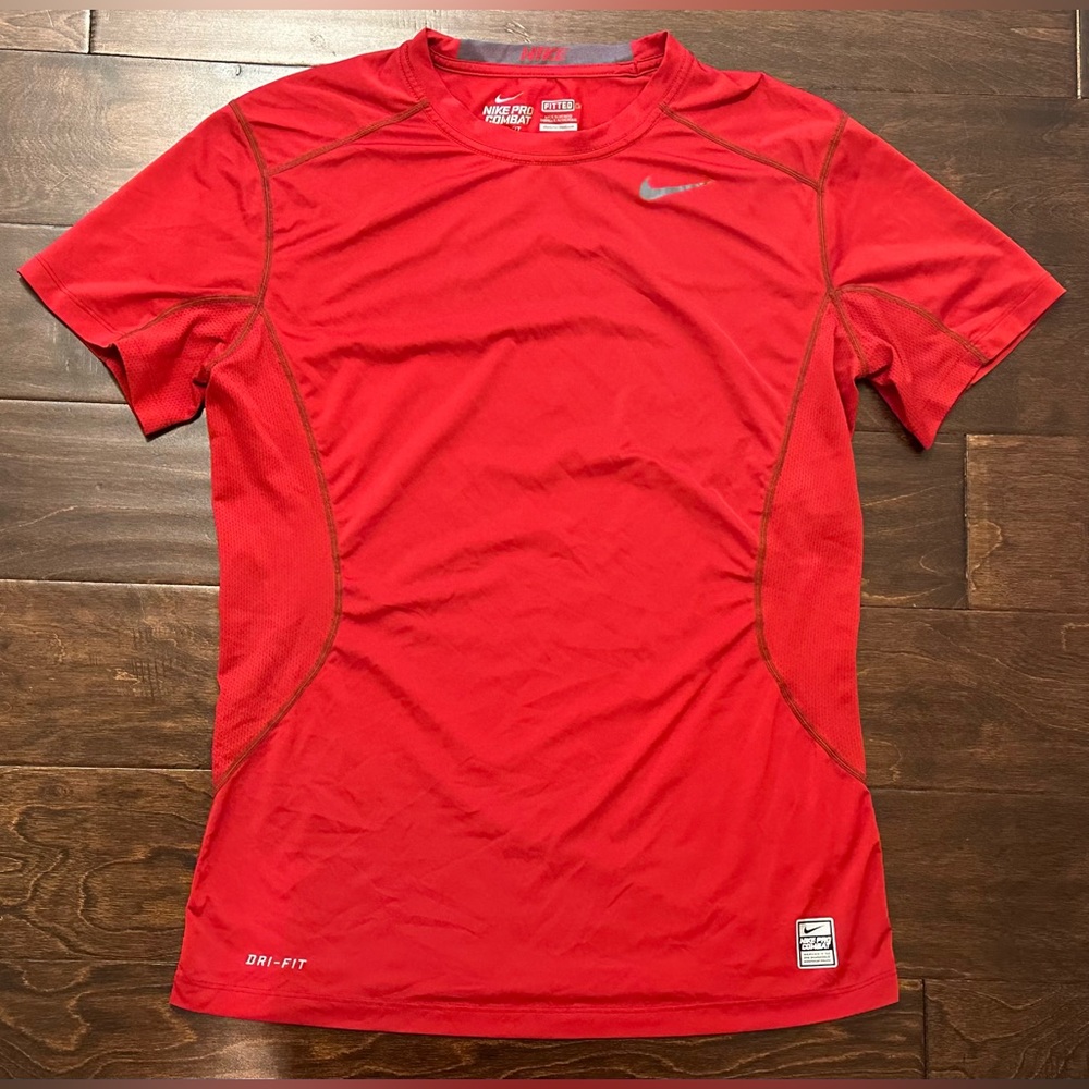Vintage Men’s Nike Pro Combat Red/Grey Short Sleeve Fitted Stretch Shirt- Medium